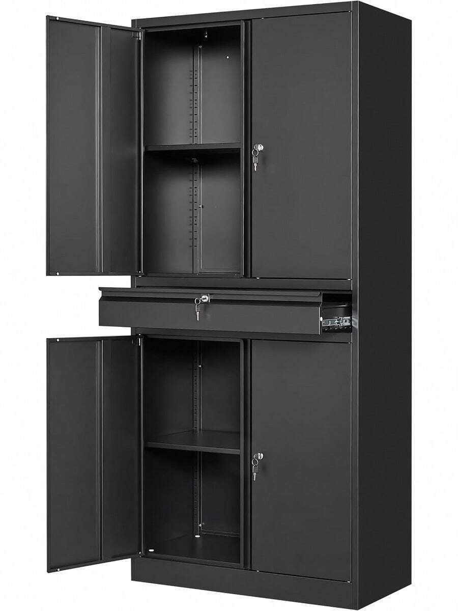 Tall Metal Garage Storage Cabinet With Lockable, 1 Drawer & Adjustable Shelves, 71 Inch Heavy‑Duty Storage Cabinet Garage Warehouse, Black - GrayBlack - View 1