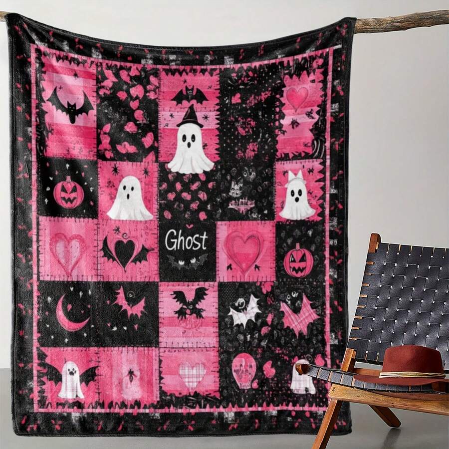 1pc Day Of The Dead Flannel Blanket - Featuring, Bat, And Pumpkin ...