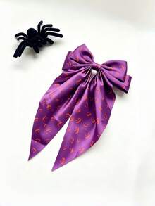 1pc Halloween Black Spider Web Embroidered Tulle Long Tail Bow Hair Clip, Cute Hair Clip For Girls, Gift Party Hair Accessory Halloween Bows - Multicolor - View 7