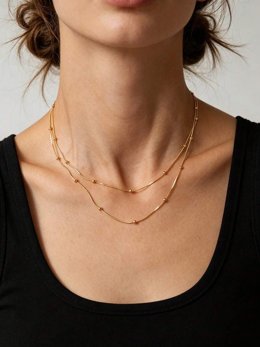 2pcs/Set Fashion Stainless Steel 18K Gold Plated Round Snake Chain Layered Necklace Accessory, Suitable For Women's Daily All-Match Versatile Wear And Gift (Random Number Of Beads) - Yellow Gold - View 1