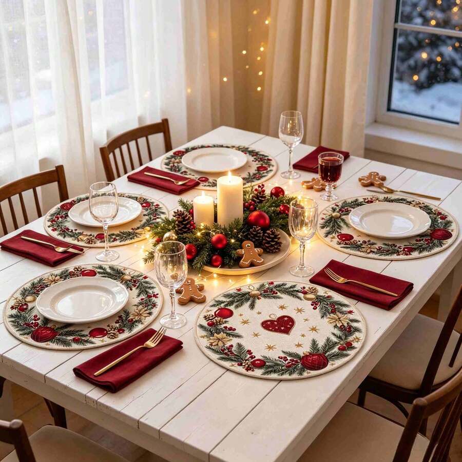 1/4/6pcs Christmas Series - Red & Gold Heart Pine Cone Christmas Wreath Hand-Painted Pattern Placemats, Made Of Polyester Fiber, Suitable For Home Kitchen, Kitchen Table Decoration And Party Scene Decoration - Multicolor - View 1