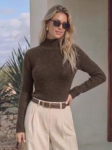 NiceArt Sweater Rajut Campuran Wol Slim Fit Bergaris Leher Tinggi Warna Cokelat Kopi Gelap Vintage Musim Gugur/Dingin untuk Wanita, Pakaian Musim Gugur, Perjalanan ke Kantor, Halloween - Coklat - View 8