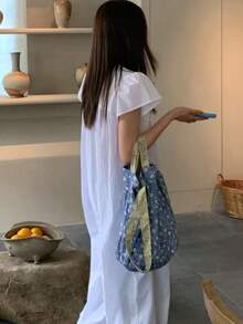 韓式花卉帆布托特包女款，大容量可折疊校園包，適合大學生通勤與旅行，單肩學生包，抓皺雲朵包 - 藍色 - 查看 3