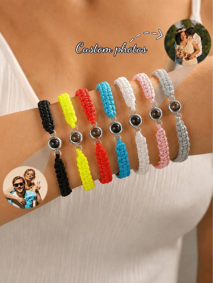 1pc Customized Black & White Woven Couple Bracelet | 4-Color Beads Customized Photo Projection Bracelet | Customized Colorful Photo Bracelet - Photo Bracelet - View 1