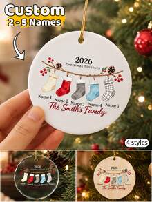 Custom Family Stocking Christmas Ornament 2026, Personalized 2-5 Names Round Tree Decor, Watercolor Holiday Style, Customized Family Hanging Ornament, Customizable Christmas Keepsake, Christmas Tree Decoration, Holiday Gift, Gifts For Family, Friend - Style B - View 1