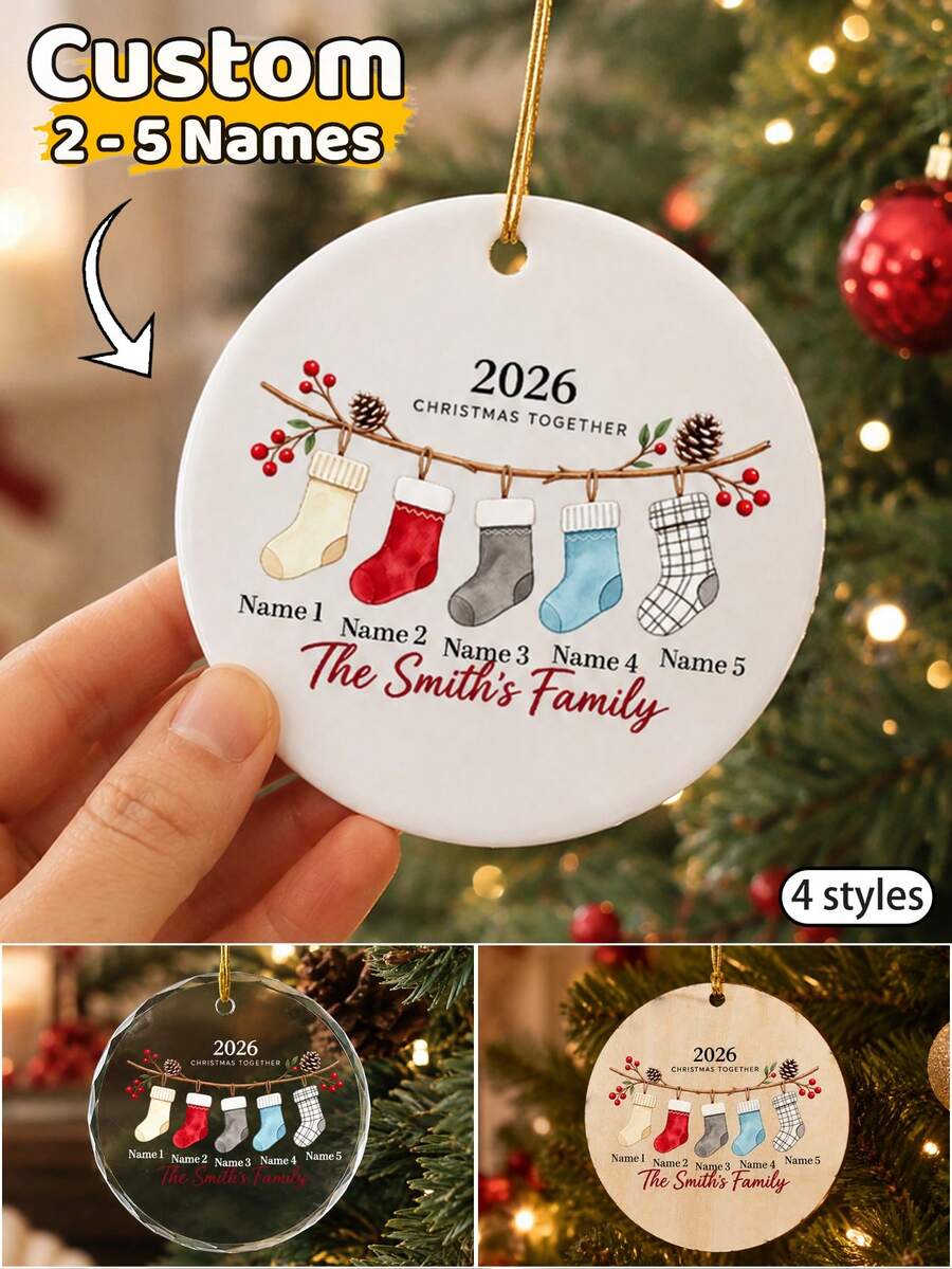 Custom Family Stocking Christmas Ornament 2026, Personalized 2-5 Names Round Tree Decor, Watercolor Holiday Style, Customized Family Hanging Ornament, Customizable Christmas Keepsake, Christmas Tree Decoration, Holiday Gift, Gifts For Family, Friend - Style B - View 1