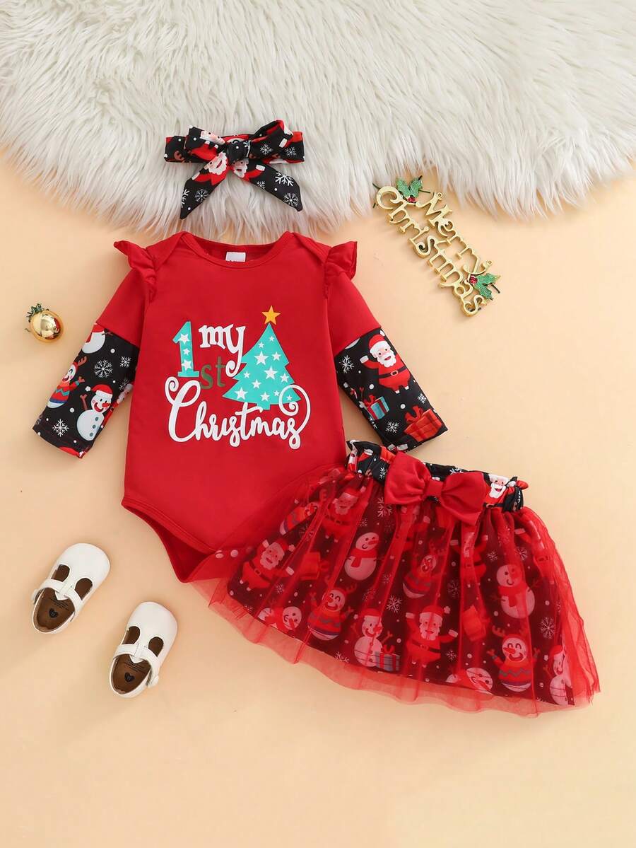 Cute Christmas Print Long Sleeve Bodysuit + Tulle Skirt + Headband 3 Pieces Set Outdoor Outfit - Red - View 1