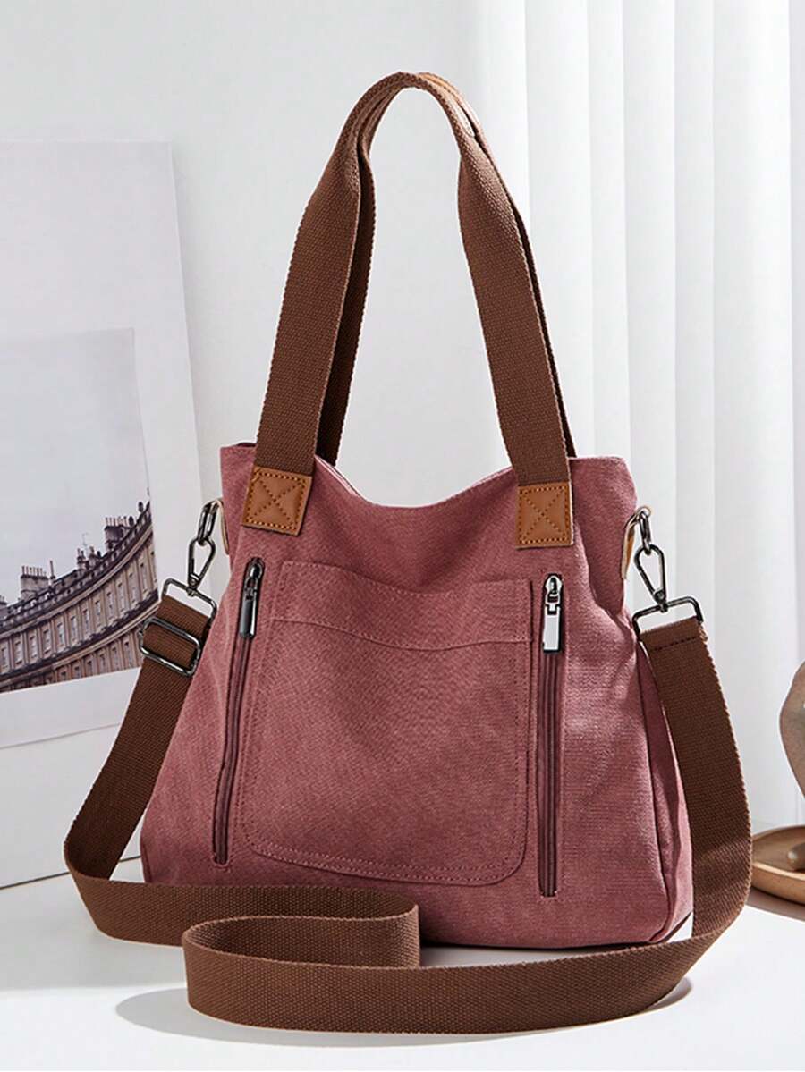 Vintage Large Capacity Canvas Tote Bag, Solid Color Multi-Compartment Zipper Handbag Shoulder Crossbody Bag Sports Bag Hobo Bag Bucket Bag, Detachable Adjustable Shoulder Strap, Suitable For Work, Holiday Shopping, Travel, Daily Use