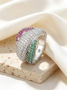 Eterna Glow 1 buah Cincin Mewah Bertatahkan Zirkonia Kubik Merah & Hijau untuk Wanita, Cincin Fashion Warna Perak, Geometri untuk Pemakaian Sehari-hari, Pesta, Pernikahan, Perhiasan Ulang Tahun - cincin - View 3