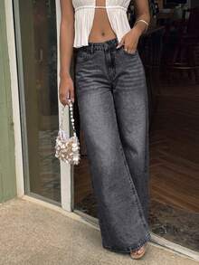 Women's Casual Gray Wide Leg Jeans, Button & Zipper Design, Solid Color Non-Stretch Minimalist Long Pants, Autumn New Outfit - Grey - View 4