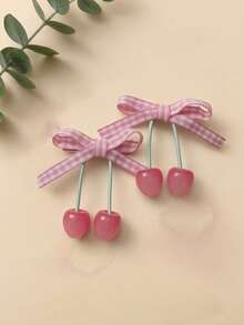 2pcs Pink Plaid Bow Cherry Hair Clips, Sweet Cute Side Bangs Hair Clips, Women's Daily Hair Accessories - Multicolor - View 3