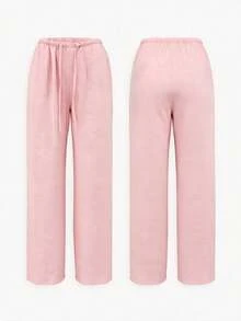 Women's Linen Texture Wide Leg Pants, Drawstring Elastic Waist Loose Casual Long Pants, Lightweight Summer Autumn Wide Leg Pants - Pink - View 7