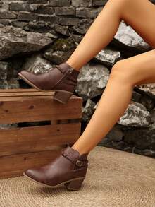 Women's Autumn/Winter New Vintage Western Style Woven Rope Buckle Ankle Boots, Chunky Heel Side Zipper Casual Ankle Boots - Brown - View 2