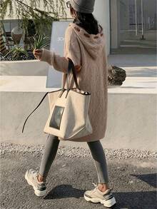 Women's Boho Open Front Long Cardigan,Cable Knit Patchwork Elbow Patch Loose Fit Sweater Coat For Fall&Winter /Going Outfit/Office/Work/Helloween - Pink - View 3