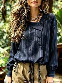 Women's Blue Striped Woven Shirt With Dropped Shoulders, Long Sleeves And Drawstring Hem, Bohemian Autumn Style - Navy Blue - View 3