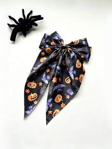 1pc Halloween Black Spider Web Embroidered Tulle Long Tail Bow Hair Clip, Cute Hair Clip For Girls, Gift Party Hair Accessory Halloween Bows - Multicolor - View 2