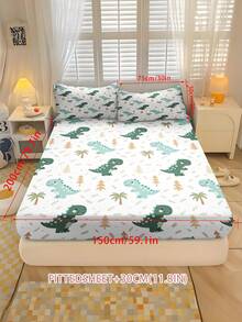 2/3PCSCartoon Dinosaur Fitted Sheet Green Dinosaur Palm Tree Print Bedding Set For All Seasons Twin/Full/Queen 100% Polyester Machine Washable - Multicolor - View 9