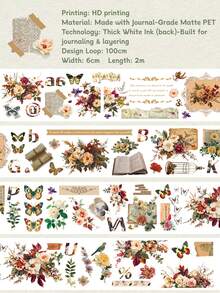 DANKUN 1 Roll 2m/Roll Vintage Floral Butterfly Wide Matte PET Sticker Roll, 1200dpi High Definition Decorative Wide Washi Tape, Suitable For Junk Journal DIY Handmade Collage Stationery Planner Notebook Scrapbook Accessories Stickers, Aesthetic Style - Scrapbook Stickers - View 10