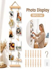 18pcs Wall-Mounted Photo Display Rack Set (Includes 1 Hanging Display Rack + 15 Photo Clips + 1 Adhesive Hook + 1 Metal Hook) - Natural Wood Photo Hanging Rope, Wooden Hemp Rope Hanging Decorative Photo Clips, Hanging Photo Clip Frame, Nordic Style Holiday Party Decoration, Minimalist Style Decorative Rack, Wooden Clip Multi-Photo Display Rack, No Drilling Space-Saving, Suitable For Bedroom, Dorm, Studio, Entryway, Desk Decoration - Multicolor - View 9