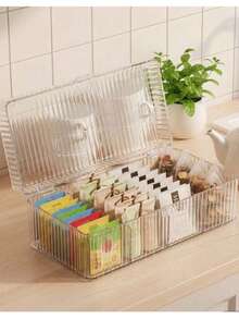 Caja de almacenamiento de bolsas de té de 1 compartimento con tapa abatible, caja de almacenamiento de té transparente apilable, caja de almacenamiento de bolsas de té de plástico de 4 compartimentos, adecuada para cocina y encimera - transparente - Ver 11