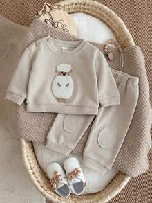 2Pcs/Set Baby Boys Cartoon Lamb Flocked Top & Pants Set, Comfortable 2 Pieces Outfit For Spring And Autumn - Apricot - View 2