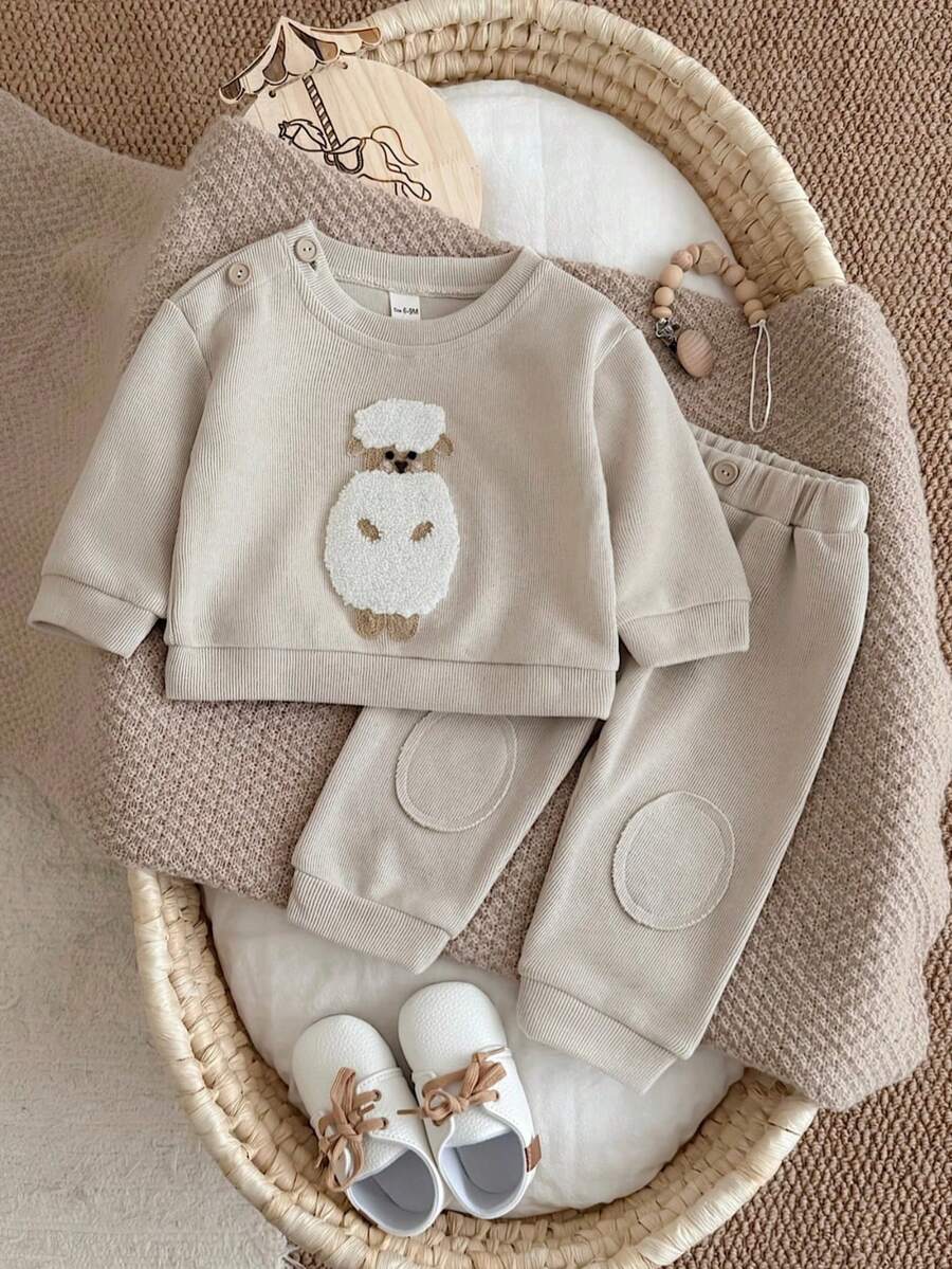 2Pcs/Set Baby Boys Cartoon Lamb Flocked Top & Pants Set, Comfortable 2 Pieces Outfit For Spring And Autumn