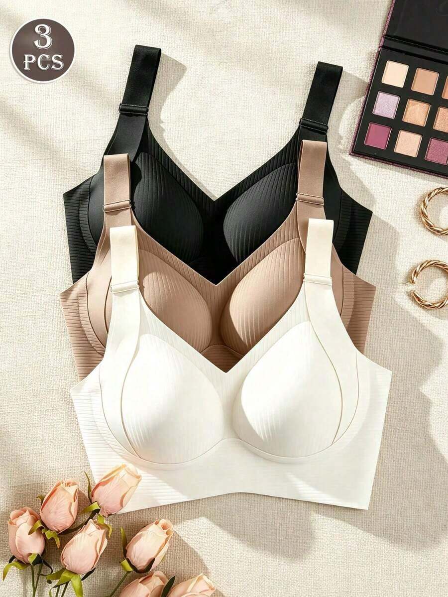 Set Of 3 Seamless And Underwired Bras For Women, Sports Yoga Support Bras With Ribbed Ribbed, Comfortable And Full Coverage For Daily Use. - Multicolor - View 1