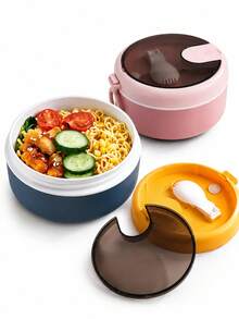 1pc Round Lunch Box With Utensils, Salad Bowl, Noodle Bowl, With Handle, Portable Insulated Microwave , Suitable For Students And Office Workers, Back To School Essential (Pink) - Multicolor - View 2