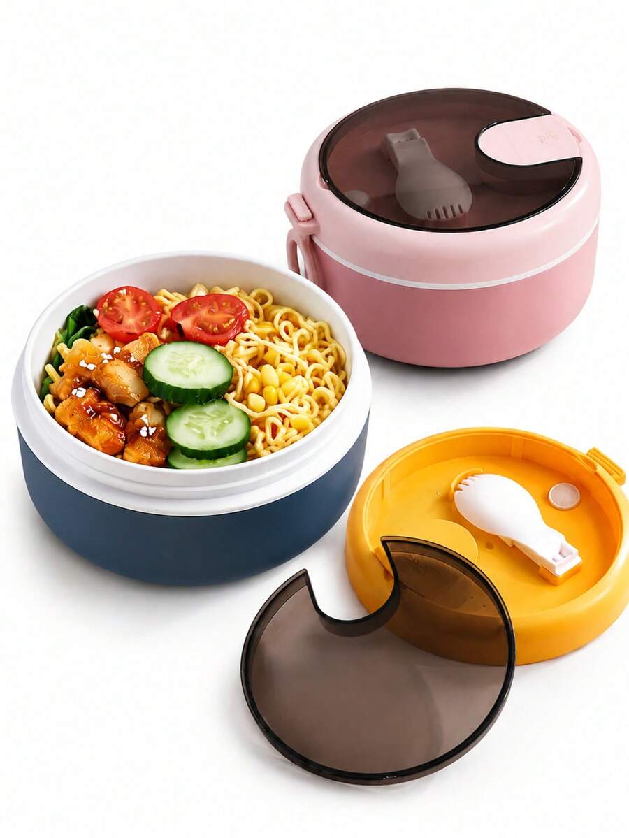 1pc Round Lunch Box With Utensils, Salad Bowl, Noodle Bowl, With Handle, Portable Insulated Microwave , Suitable For Students And Office Workers, Back To School Essential (Pink)