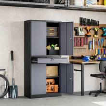 Tall Metal Garage Storage Cabinet With Lockable, 1 Drawer & Adjustable Shelves, 71 Inch Heavy‑Duty Storage Cabinet Garage Warehouse, Black - GrayBlack - View 7