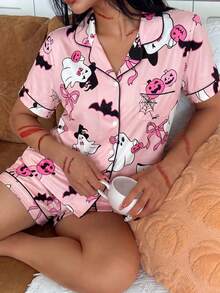 Women's Halloween Cartoon Ghost & Bow Turn Collar Short Sleeve Top And Shorts Pajama Set, Button-Up Casual Loungewear Suitable For All Seasons - Pink - View 1