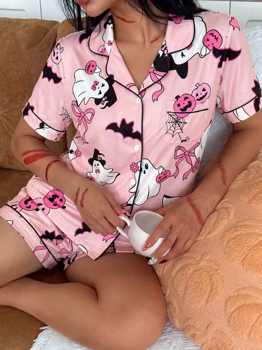 Women's Halloween Cartoon Ghost & Bow Turn Collar Short Sleeve Top And Shorts Pajama Set, Button-Up Casual Loungewear Suitable For All Seasons - Pink - View 1