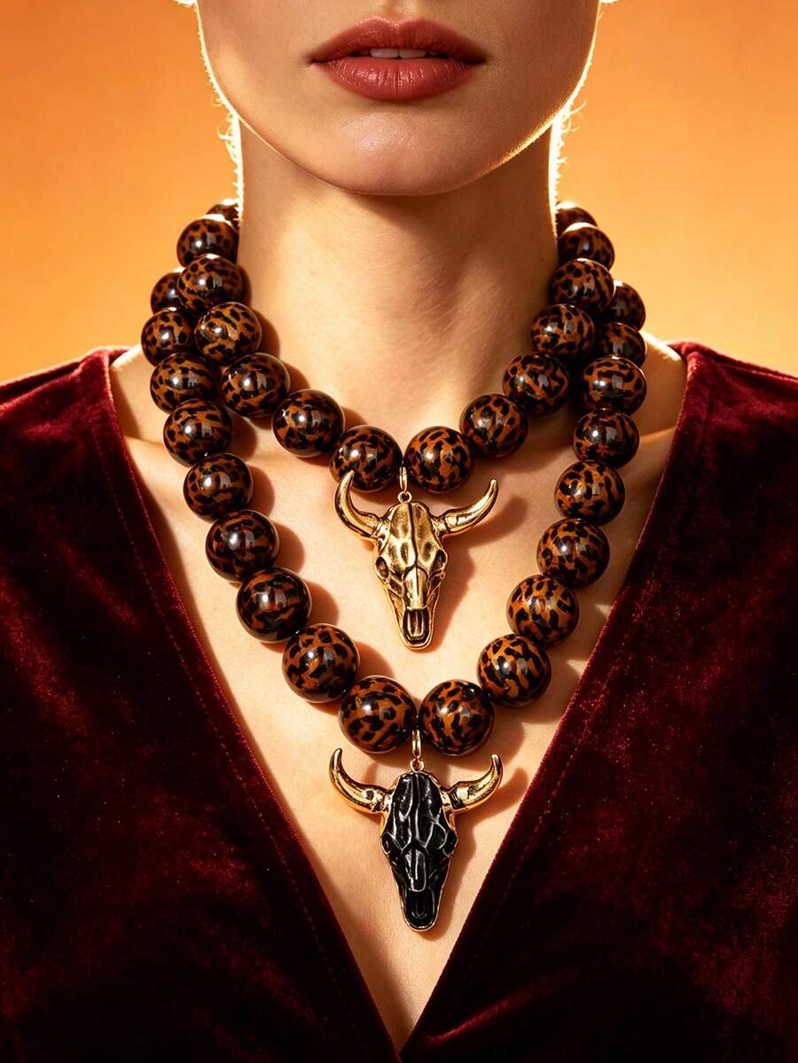 1/2pcs Leopard Print Stone Bead Double Bull Head Necklace, Multi-Layer Western Style Exaggerated Necklace, Vintage Cowboy Women's Jewelry - Multicolor - View 1