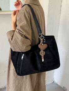 1pc Minimalist Vintage Solid Color Large Capacity Shoulder Bag Casual Lightweight Daily Tote Bag (Without Pendant) - Multicolor - View 5