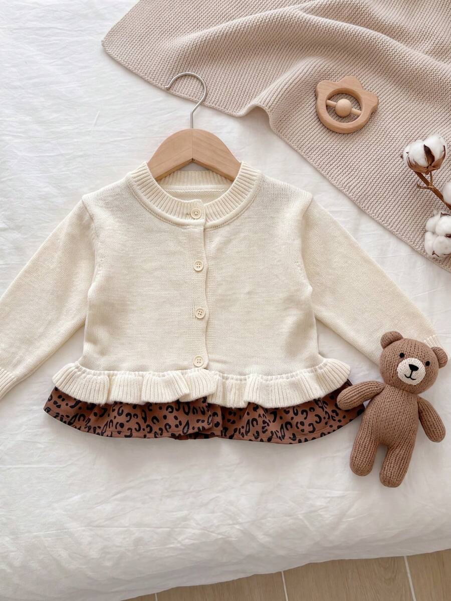Baby Girl Korean Style Autumn Fashion Gentle Ruffle Knit Cardigan, Vintage Autumn Outfit Brown Leopard Print Patchwork Long Sleeve Jacket For Outings - Apricot - View 1