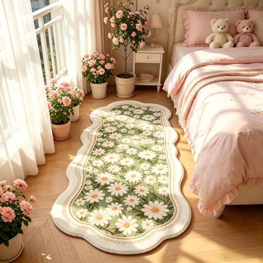 1pc Fresh Daisy Floral Wavy Edge Rug, Soft Comfortable Bedroom Carpet, Washable Rug, Suitable For Front Door, Entrance, Hallway, Kitchen, Bedroom, Dorm, Dining Room, Skin-Friendly Carpet, Living Room Rug, Sofa Seating Rug, Area Rug, Creative Versatile Home Decor Rug, Large Living Room Carpet, Bedroom Rug, Dressing Room Carpet, Room Decor, Gift For Family And Friends - Multicolor - View 1