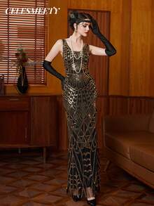 1920s Vintage Sequin Beaded Dress, Plus Size Black With Gold, Suitable For Party, Wedding, Guest Occasions - Black - View 2