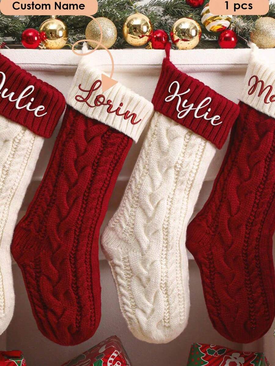 1pc Personalized Christmas Stocking, Christmas Essential, Christmas Gift, Christmas Hanging Decoration, Printed Embroidery, Embroidered Christmas Stocking Set, Name Embroidery, DIY Handmade Embroidered Christmas Pattern, Handmade Sewn Christmas Gift Stocking