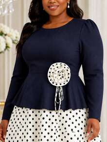 Elegant Plus Size Colorblock 2-Piece Set, Long Sleeve Ruffle Top With 3D Rose Polka Dot A-Line Maxi Skirt, Formal Outfit For Church And Wedding Guest - Navy Blue - View 2