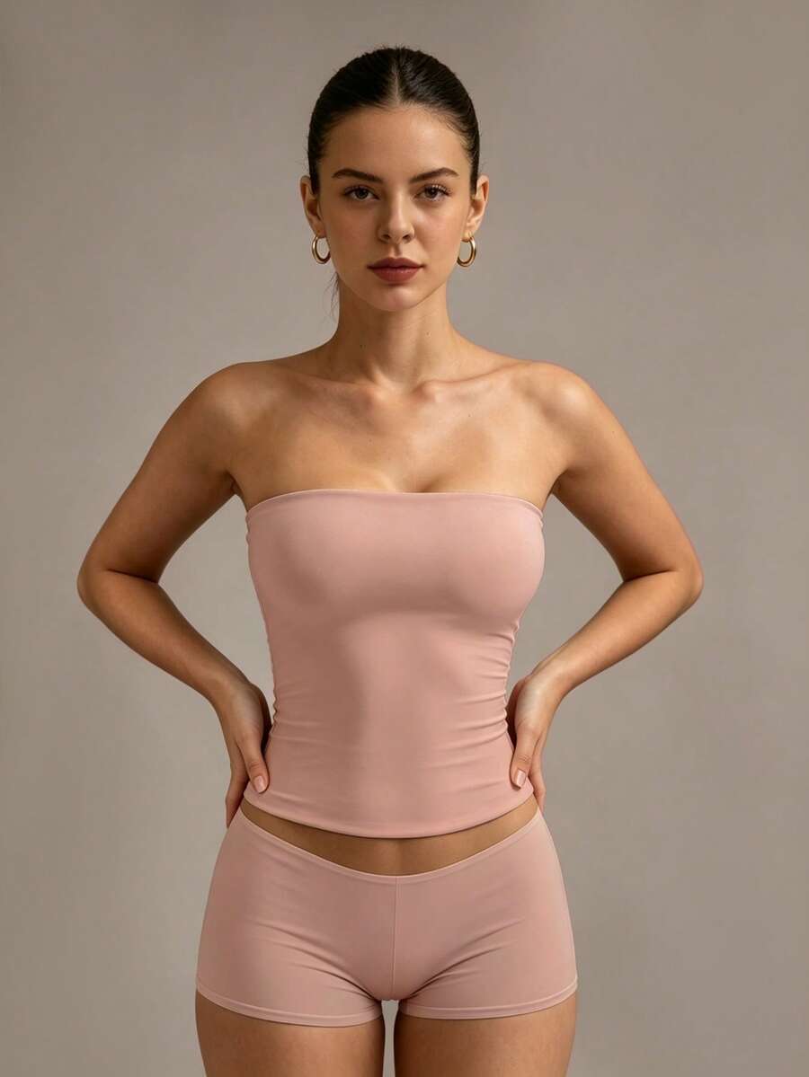 XLLAIS Sexy Strapless Basic Camisole, Fashionable Solid Color Elastic Fitted Tube Top, Suitable For Women All Seasons Casual Summer, Minimalist - Baby Pink - View 1