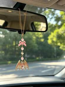 Pink Diamond Bat Bow Car Rearview Mirror Hanging Ornament, Beaded Car Interior Pendant, Sweet & Cool Girly Style - Bat - View 3