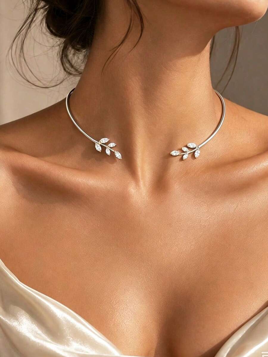 1pc Rhinestone Leaf Open Collar Necklace, Women's Designer Versatile Party Fashion Open Collar Accessory - Silver - View 1