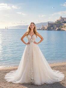 YOUKEFEIER New Elegant Strapless Lace A-Line Long Wedding Dress With Tie Design, Flattering Height And Slimming, Romantic Bridal Gown For Wedding Ceremony - Beige - View 3