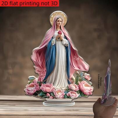 2D Flat Bohemian Style Acrylic Virgin Mary Statue With Peony Base, Vibrant Blue And Pink Religious Desktop Decor, Suitable For Home And Office