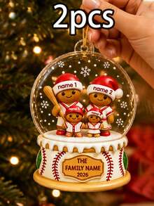 Custom Baseball Gingerbread Family Snow Globe Christmas Ornament, Personalized 2-5 Names Holiday Hanging Decor, Festive Winter Style, Customized Christmas Wall Decoration, Customizable Family Keepsake, Christmas Tree Decor, Holiday Gift, 2D Effect - Style D - View 11