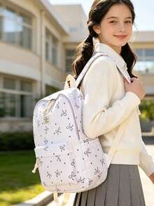 3-Piece Set - Girls' School Style Bow Pattern Backpack Combination, Large Capacity Nylon School Daily Bag, Campus Backpack, Matching Lunch Bag And Pencil Case, Multi-Layer Storage Casual Backpack Set, Travel Backpack Set, Suitable For Girls, Students, Children, Ideal For Back To School, Daily Commute, Shopping, Short Trips And Outdoor Leisure Travel - 2327 - View 7