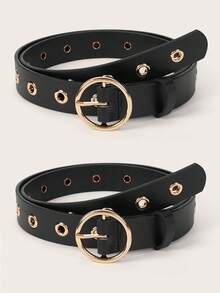 Street 1pc Women Round Buckle Metal Eyelet Waist Belt Halloween Summer, School Fall, Autumn, Halloween - Black - View 5
