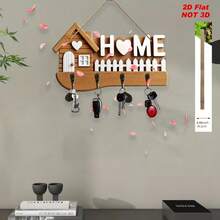 1pc 2D Flat Cozy Home & Puppy Theme Wooden Key Holder With 4 Metal Hooks, Wall Mount Key Storage Rack For Entryway, Villa, Room Decor - Multicolor - View 10