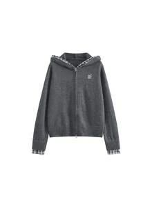 Women's Gray Double Zipper Cardigan Patchwork Plaid Hooded Sweater Jacket, Loose Lazy Design Top For Spring And Autumn - Grey - View 6