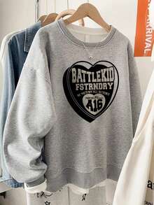 American Vintage Shield & Heart Multi-Layer English Print Crew Neck Sweatshirt, High Street Casual Drop Shoulder Long Sleeve Autumn Top - Light Grey - View 4